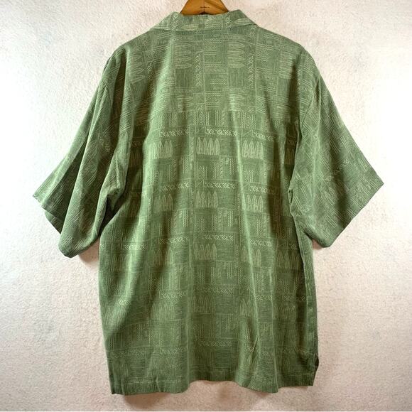 Mens Washable Silk Button Shirt Sz‎ M Sage Green Ethnic Tribal Resort Tiki Party - Picture 5 of 10